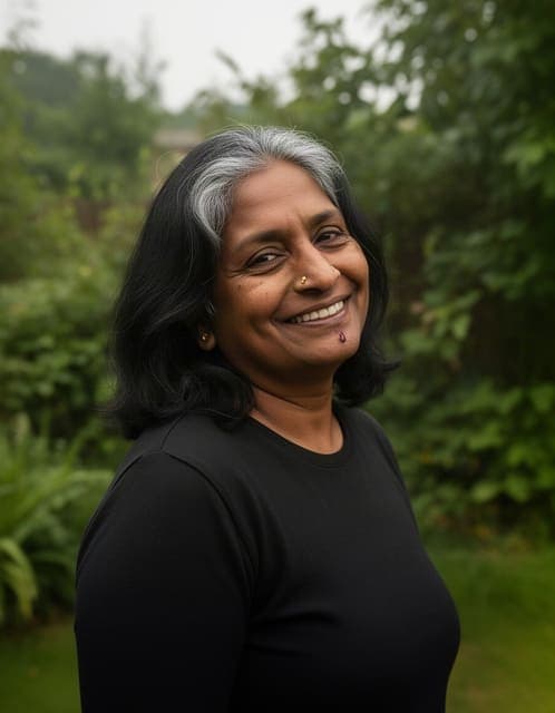 Source photo: woman in her fifties with her head tilted, grey-streaked hair, a gold nose stud and a small chin scar, wearing a black top