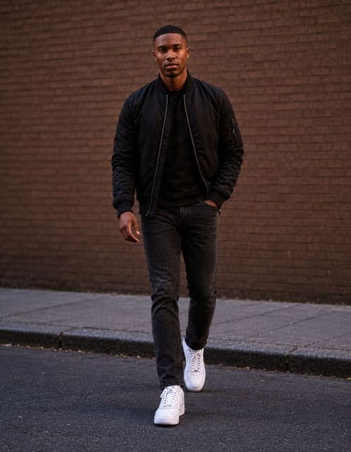 GPT Image 2.5 Flare at high: mid-stride walking pose with the outfit preserved and the original brick wall and evening light kept