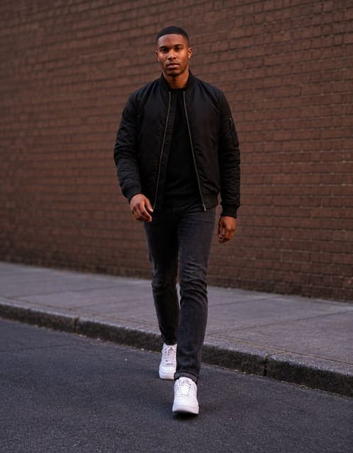 GPT Image 2.5 Flare at medium: natural mid-stride walk with the same bomber jacket, jeans and trainers, brick wall and evening light kept