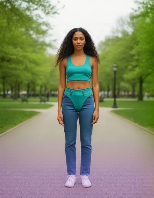 Flux 2: teal top transferred but jeans kept, with swim bottoms fused onto the denim