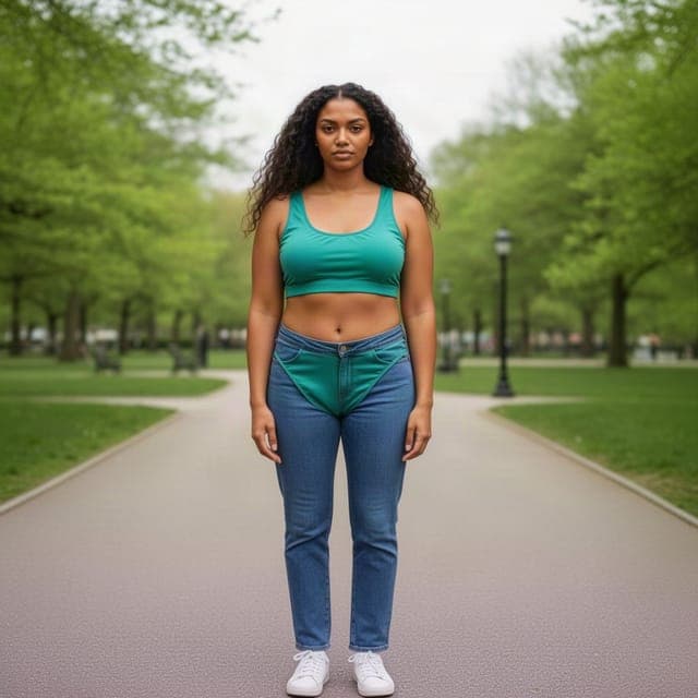 Flux 2 Turbo: teal top transferred, jeans kept