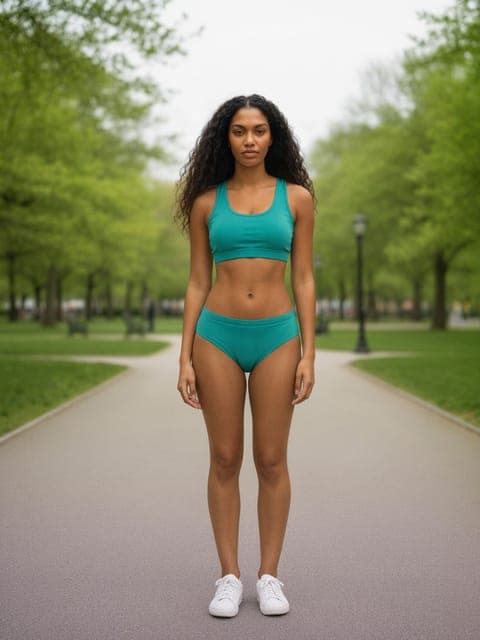 Qwen Image 3: teal top and jeans; the full two-piece in 2 of 5 runs