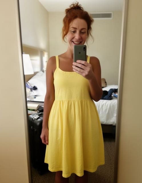 Flux 2: yellow sundress, mirror selfie framing and hotel room unchanged
