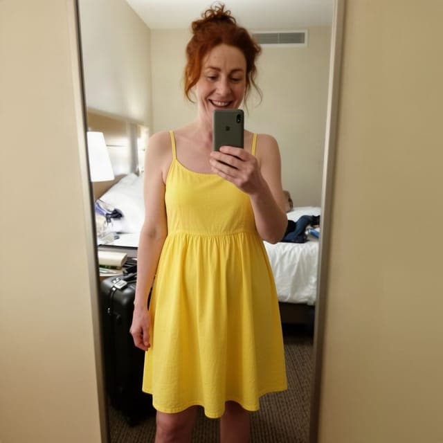 Flux 2 Flash: yellow sundress, mirror selfie framing and hotel room unchanged