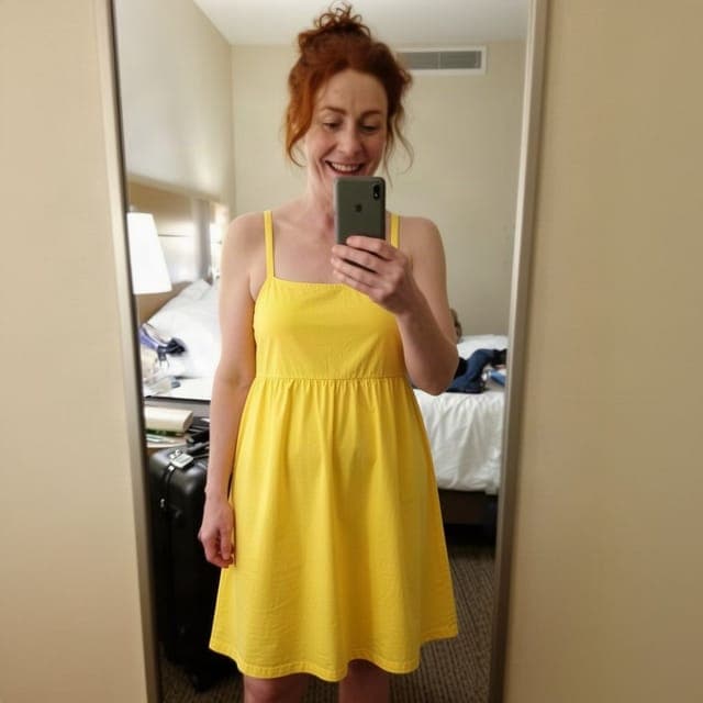 Flux 2 Turbo: yellow sundress, mirror selfie framing and hotel room unchanged