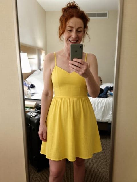 Grok Imagine 2.0: yellow sundress, mirror selfie framing and hotel room unchanged