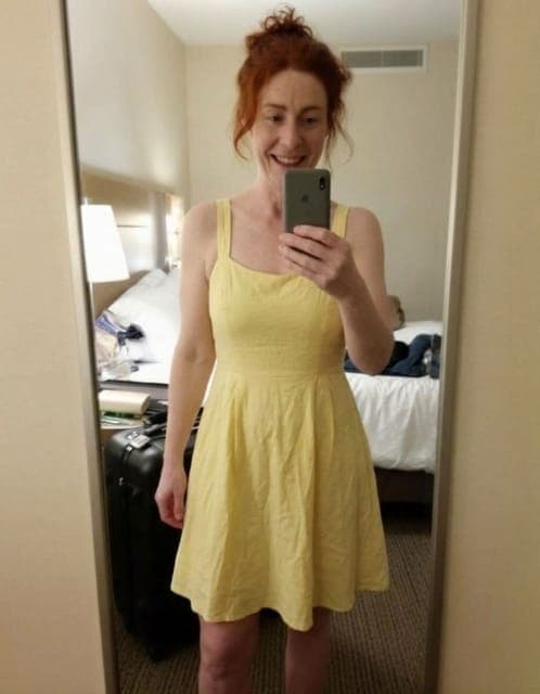 Nano Banana 2: yellow sundress, mirror selfie framing and hotel room unchanged
