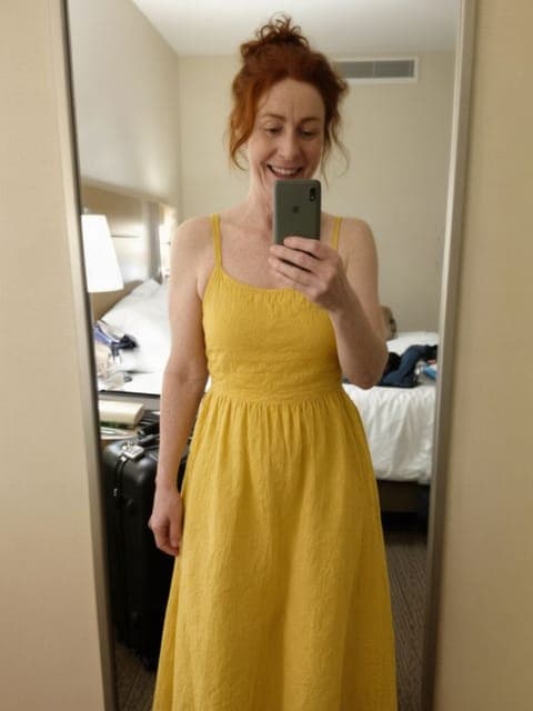 Qwen Image 3: yellow sundress, mirror selfie framing and hotel room unchanged