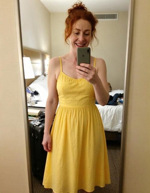 Seedream 5 Flash: yellow sundress, mirror selfie framing and hotel room unchanged