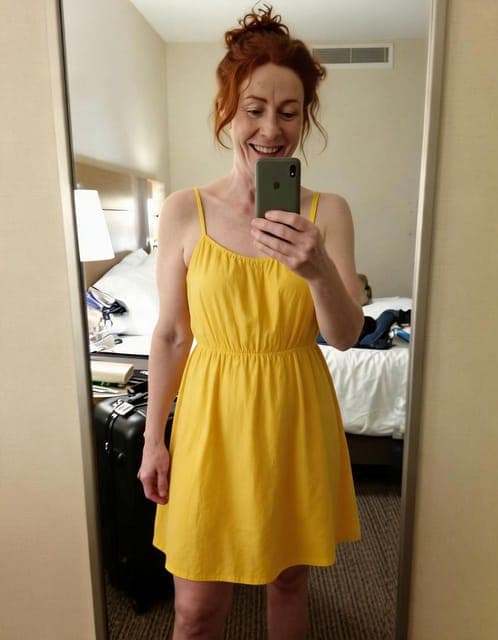 Seedream 5 Lite: yellow sundress, mirror selfie framing and hotel room unchanged