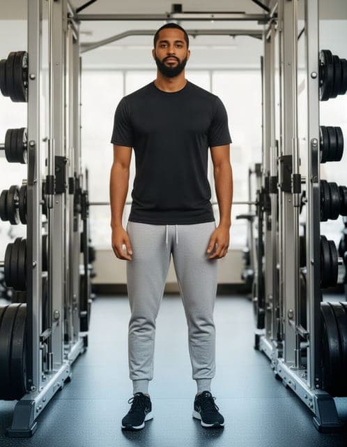 Flux 2: black t-shirt and grey joggers, same man and gym