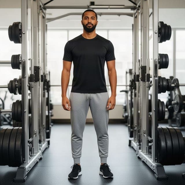 Flux 2 Flash: black t-shirt and grey joggers, same man and gym