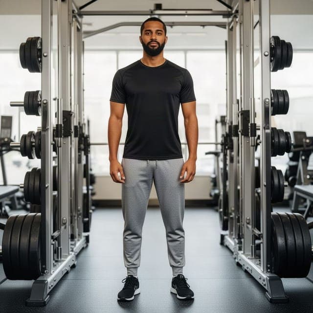 Flux 2 Turbo: black t-shirt and grey joggers, same man and gym