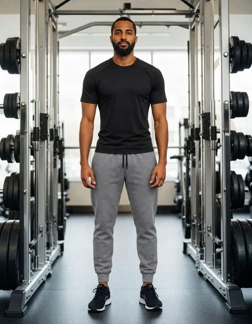 GPT Image 2.5 Flare (high): black t-shirt and grey joggers, same man and gym