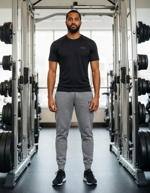 GPT Image 2.5 Flare (medium): black t-shirt and grey joggers, same man and gym