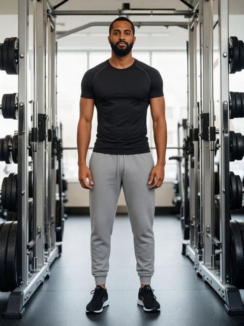 Grok Imagine 2.0: black t-shirt and grey joggers, same man and gym
