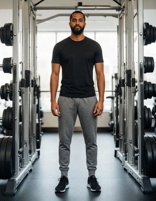 Muse Image: black t-shirt and grey joggers, same man and gym
