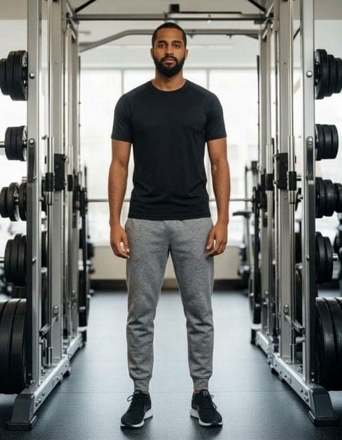 Nano Banana 2: black t-shirt and grey joggers, same man and gym