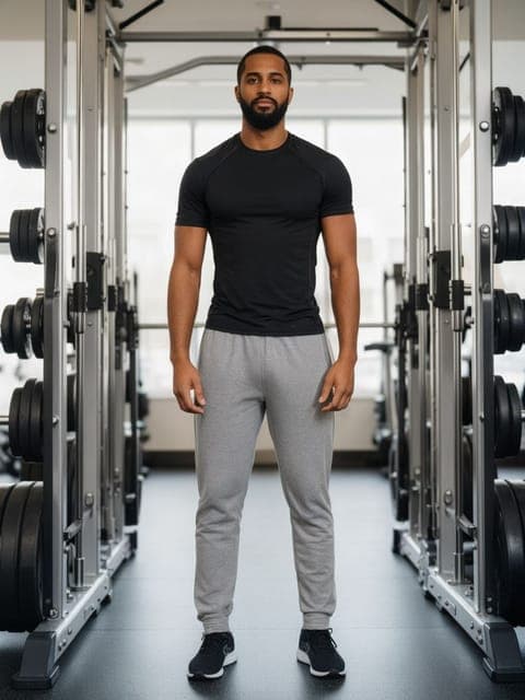Qwen Image 3: black t-shirt and grey joggers, same man and gym