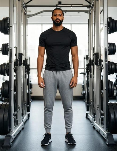 Seedream 5 Flash: black t-shirt and grey joggers, same man and gym