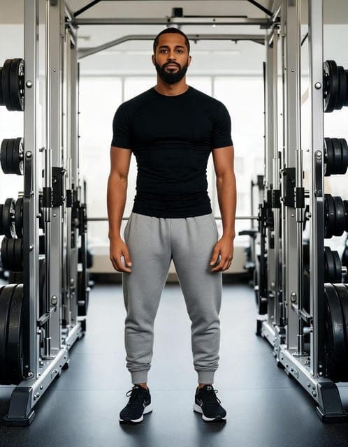 Seedream 5 Lite: black t-shirt and grey joggers, same man and gym