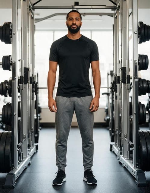 Seedream 5 Pro: black t-shirt and grey joggers, same man and gym