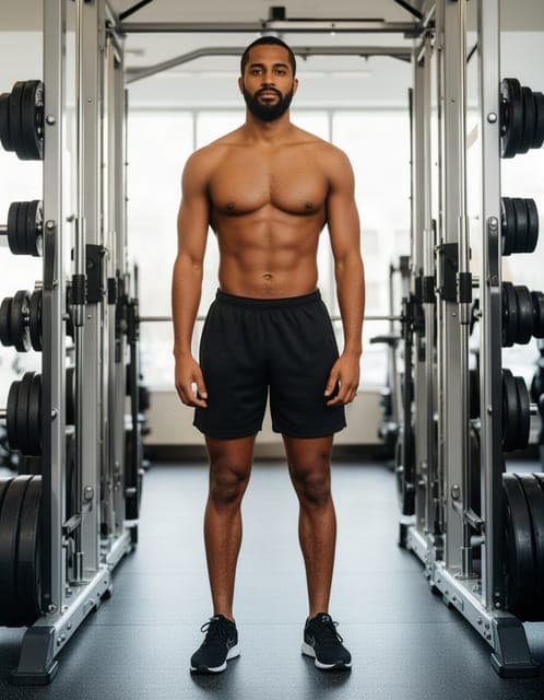 Source photo: shirtless man in his thirties in black training shorts standing between weight racks in a gym