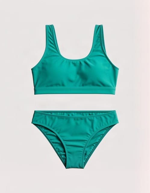 Reference photo: a teal two-piece swimsuit laid flat on a grey background, no person