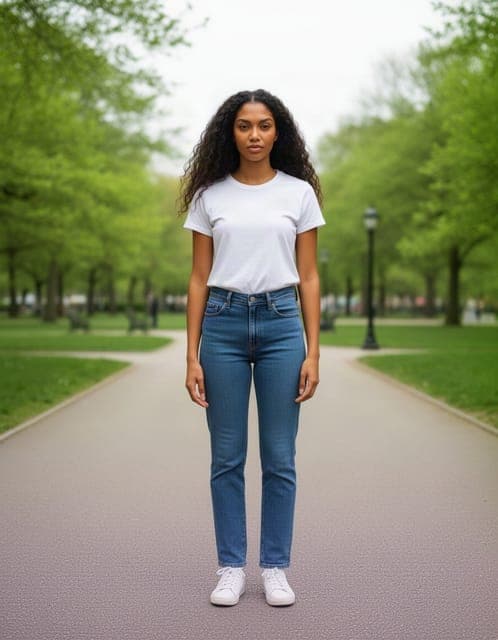 Source photo: woman in her thirties in jeans and a t-shirt on a park path