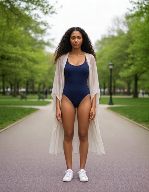 Seedream 5 Flash delivered a navy one-piece with a light cover-up on the same woman in the same park