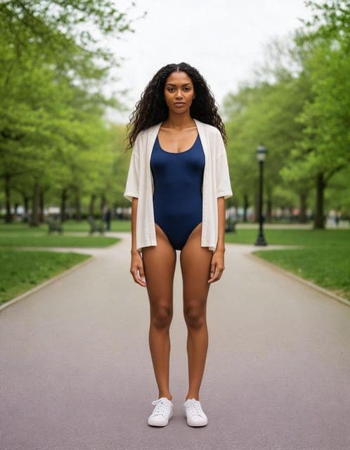 Seedream 5 Lite: navy one-piece with a short cover-up