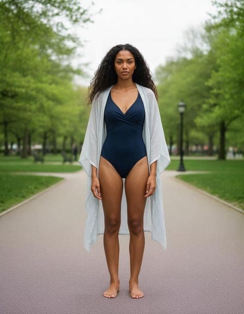 Seedream 5 Pro: navy one-piece and cover-up, barefoot
