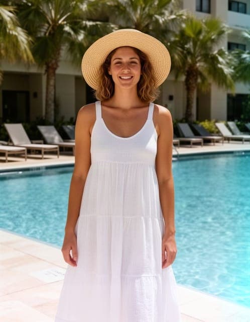 Flux 2: white linen dress and straw hat, pool setting unchanged