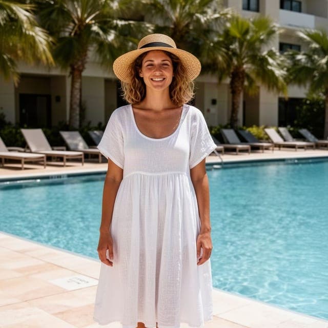 Flux 2 Turbo: white linen dress and straw hat, pool setting unchanged