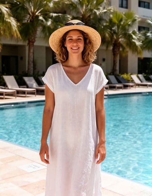 Muse Image: white linen dress and straw hat, pool setting unchanged