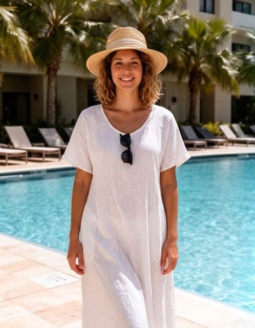 Nano Banana 2: white linen dress and straw hat, pool setting unchanged