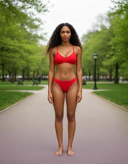 Seedream 5 Flash: red two-piece delivered, barefoot