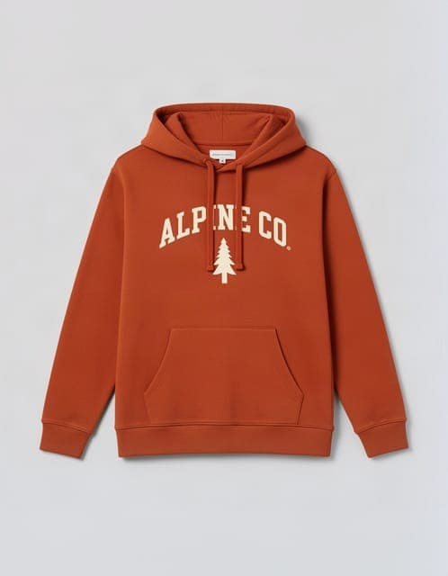 Garment photo: a rust hoodie laid flat with a cream ALPINE CO. wordmark and pine emblem