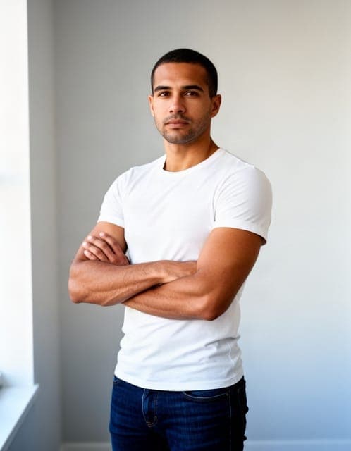Source photo: the same man in a white t-shirt with his arms crossed over his chest