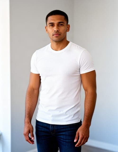 Source photo: man in his early thirties in a white t-shirt and jeans, arms at his sides, in a bright room