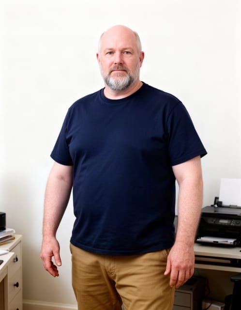 Source photo: heavyset man in his late fifties, bald with a grey beard, in a navy t-shirt and chinos in a home office