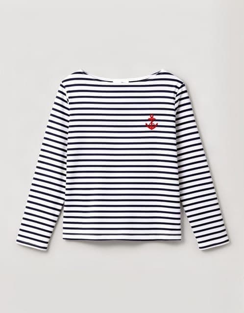 Garment photo: a long-sleeved navy and white Breton stripe top laid flat, with a small red anchor
