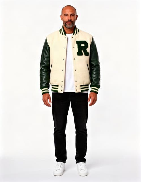 Product photo: a cream varsity jacket with green leather sleeves and a chenille R, worn by a bald, bearded man on a studio backdrop