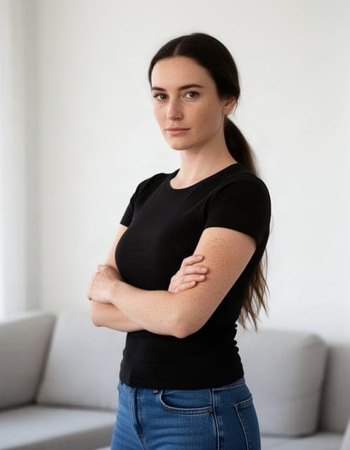 Source photo: the same woman in a black t-shirt with her arms crossed