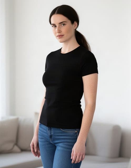 Source photo: woman in her late twenties with a dark ponytail, black t-shirt and jeans, standing in a living room