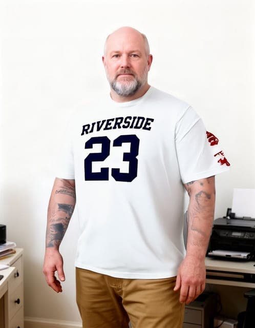 FASHN Try-On v1.6: the tee in a different typeface with an enlarged sleeve logo, and forearm tattoos added, in every run