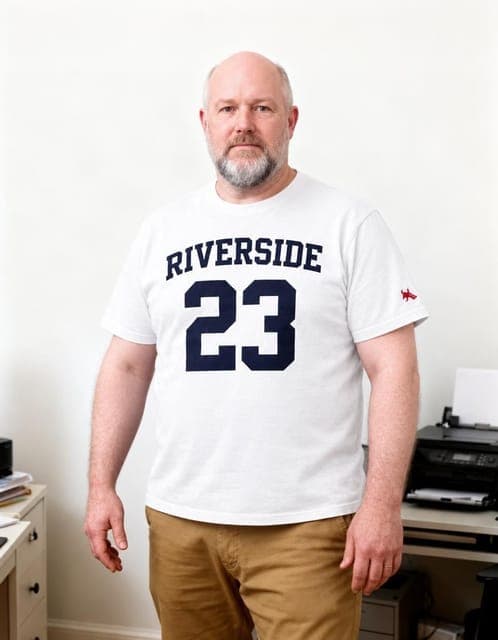 GPT Image 2.5 Flare (high): the RIVERSIDE 23 tee with the small red sleeve logo, same man, in all 3 runs