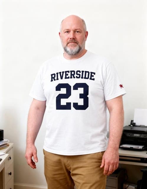 GPT Image 2.5 Flare (medium): the RIVERSIDE 23 tee with the small red sleeve logo, same man, in all 3 runs