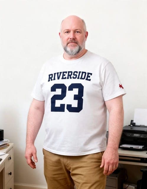Muse Image: the RIVERSIDE 23 tee with the small red sleeve logo, same man, in all 3 runs