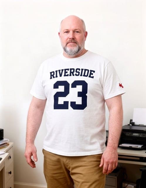 Nano Banana 2.1: the RIVERSIDE 23 tee with the small red sleeve logo, same man, in all 3 runs